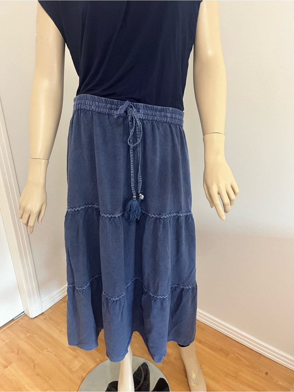 Mlle Gabrielle Navy Tiered Maxi Skirt with Drawstring Tassels